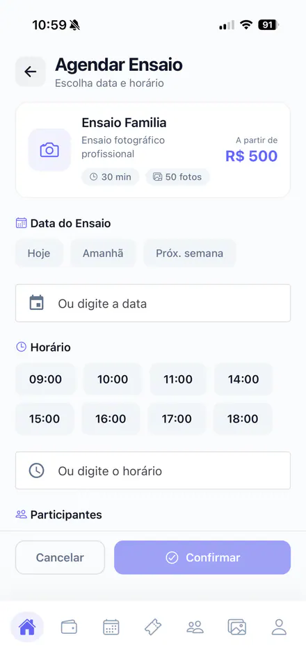 Tela de agendamento de ensaio