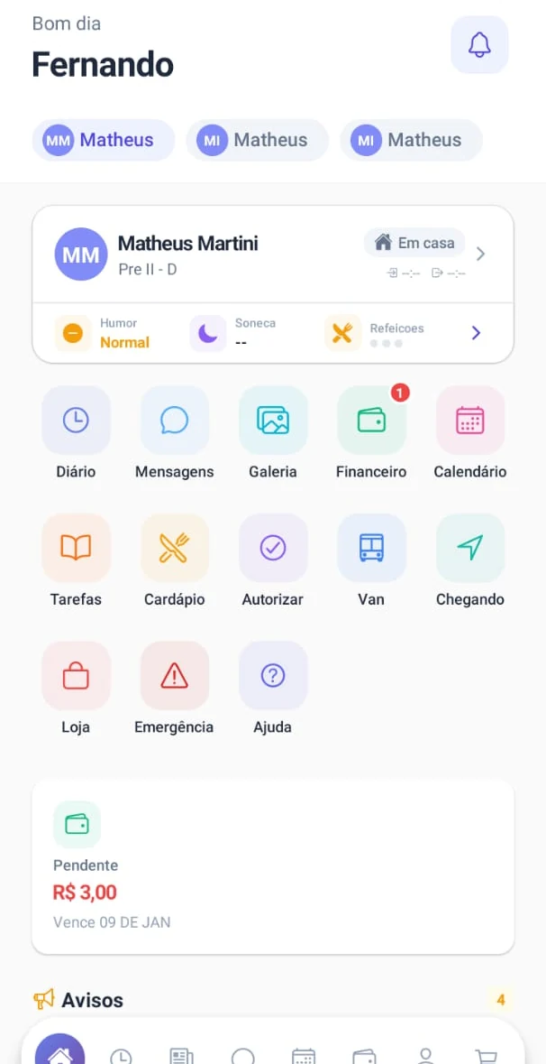 Tela inicial do aplicativo Partiu Escola, com diário, mensagens, galeria, financeiro, cardápio, transporte e avisos da escola