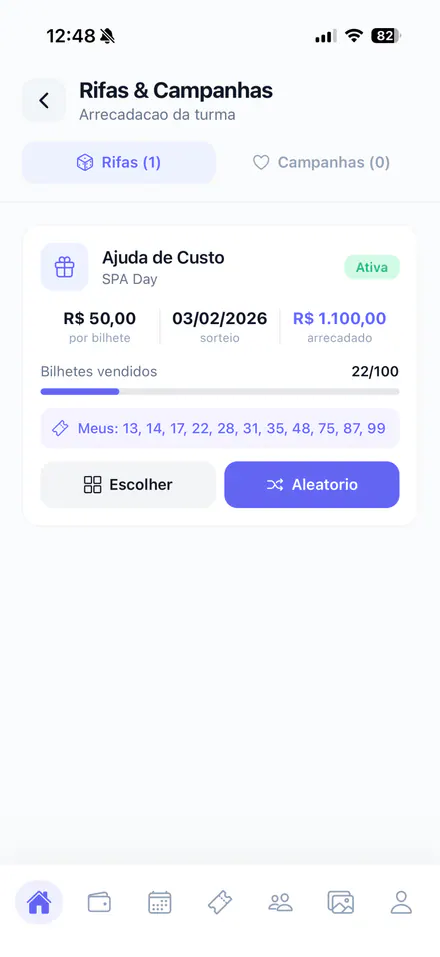 Tela de rifas e campanhas